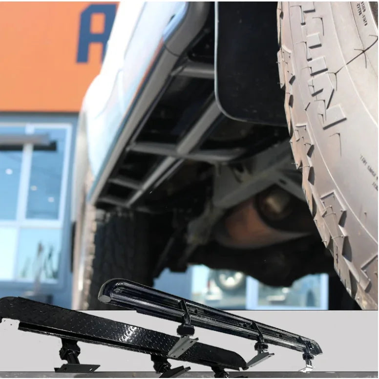 Black diamond-plated rockarmor steel running boards with 52mm diameter fitting video